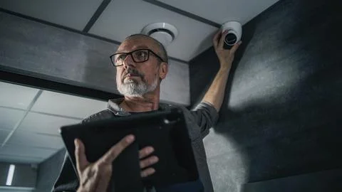 Male installer uses tablet computer to set up surveillance camera in office Stock Photos
