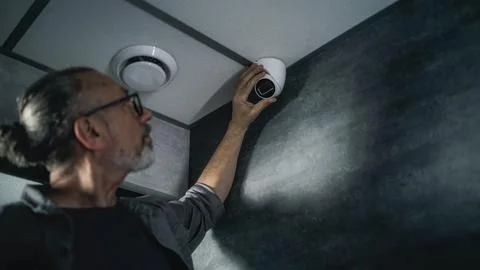 Male installer uses tablet computer to set up surveillance camera in office Foto stock