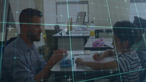 Male instructor placing colored blocks and holding shapes, child sketching on Stock Footage 311505336