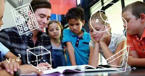 Male instructor pointing at open book, creating calculator and cube icons and Stock Footage 330003945