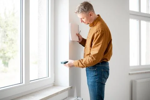 Male Interior Designer Measuring Window Opening Stock Photos