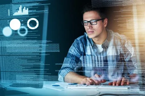 Male it computer worker working on a future hologram cgi screen at his office Stock Photos