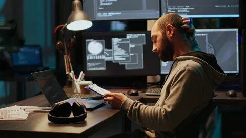 Male IT engineer analyzing web data on clipboard papers and screens Stock Footage 223257453