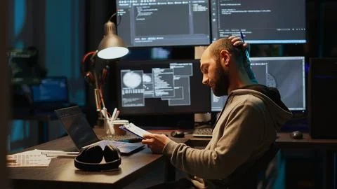 Male IT engineer analyzing web data on clipboard papers and screens 스톡 사진