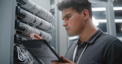 Male IT Engineer Inspecting Server Rack Cabling During Digital Infrastructure Stock Footage 344972844