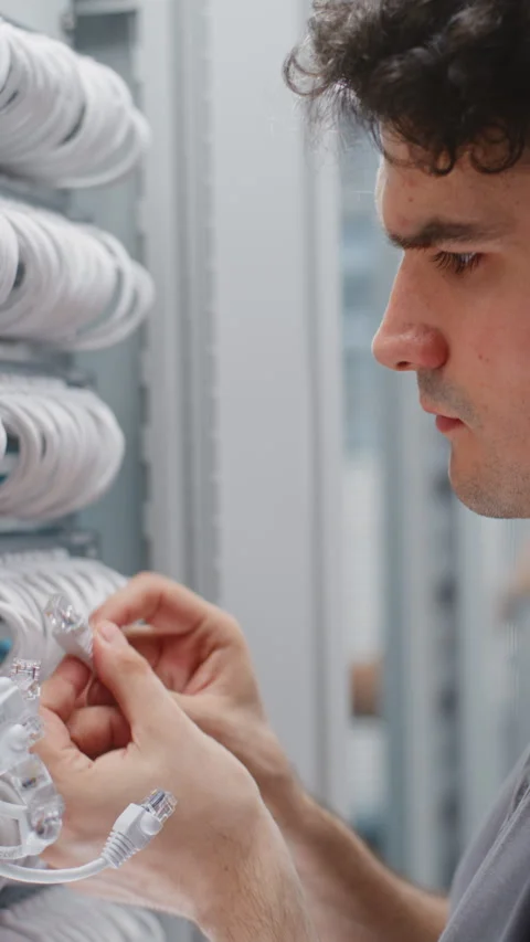Male IT Engineer Maintaining Patch Panel and Switch Connections in Data Center Stock Footage 344957773