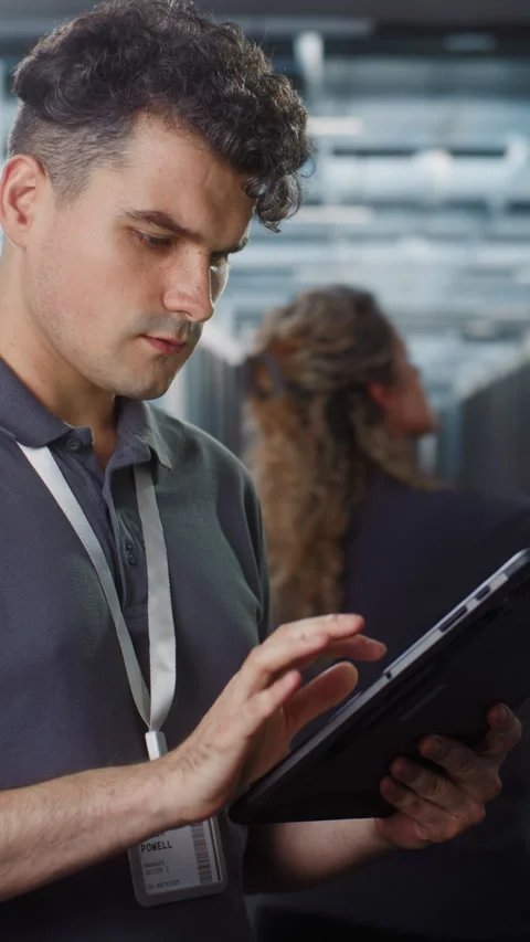 Male IT Specialist Using Tablet while Female Engineer Inspects Server Rack Vídeo Stock 344886638