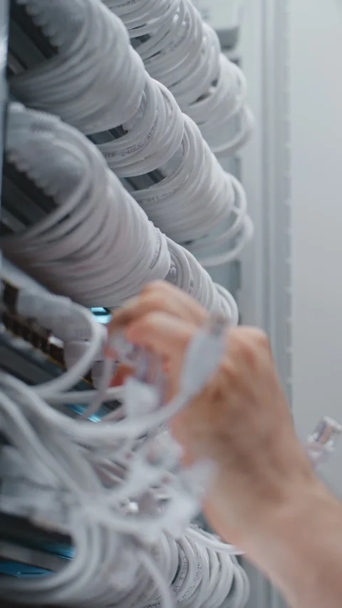 Male IT Technician Checking Rack Cabling During Smartphone Conversation Stock Footage 344972501