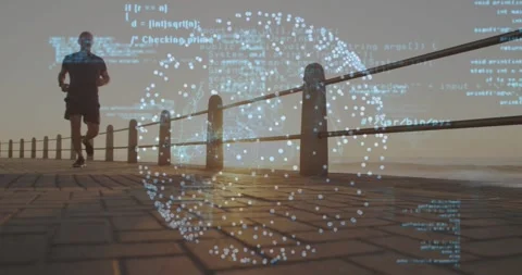 Male jogger starting left, training on promenade while tech sphere overlaying Stock Footage 331161191