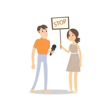 Male journalist record interview with protest girl with board Illustrazione stock