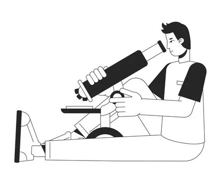 Male lab researcher with microscope flat line black white vector character Stock Illustration