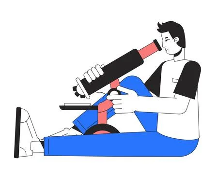 Male lab researcher with microscope flat line color vector character Illustrazione stock