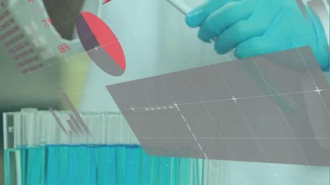 Male lab tech holding test tube while pipette dispensing sample, animated charts Stock Footage 330444187