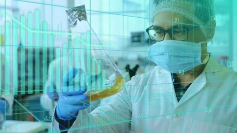 Male lab tech lifting foil flask, rotating, examining sample as data overlay Stock Footage 333911454