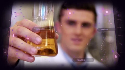 Male lab tech reaching forward in lab bringing conical flask AR UI floating Stock Footage 334114132
