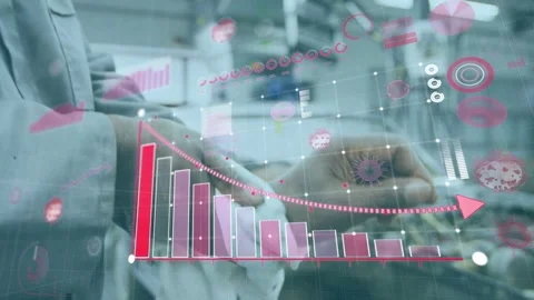 Male lab tech wiping palms with white cloth and activating holo bar chart Stock Footage 335465582