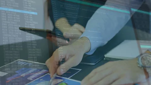 Male lifting pen initiating code overlay while female swiping tablet for finance Stock Footage 311916383