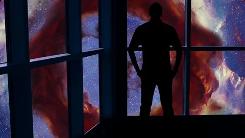 A male looking over a space scene in this futuristic concept. Stock Footage 112893044