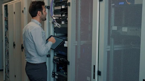 Male Man Server IT Engineer Work In Data Center. 動画素材 104179212