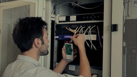 Male Man Server IT Engineer Work In Data Center. 库存影片 104199034