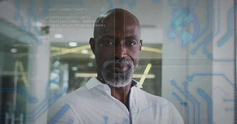 Male manager starting code scrolling torso, forming circuits turning globe 動画素材 314532306