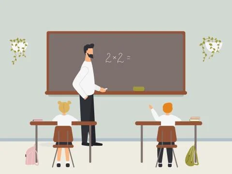 Male math teacher explaining multiplication to elementary school pupils Stock Illustration