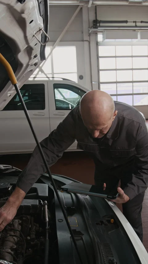 Male Mechanic with Tablet Performing Engine Diagnostics and Checking Plugs Stock Footage 329479942