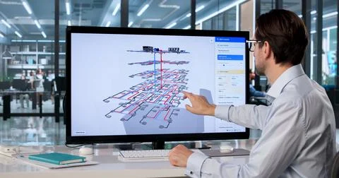 Male Mechanical Engineer Uses Touchscreen Computer To Review 3D HVAC System D 写真素材