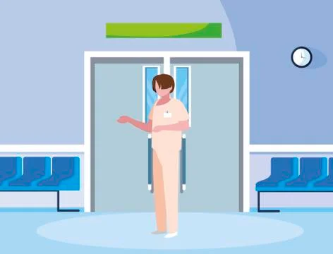 Male medicine worker with uniform in elevator door Illustrazione stock