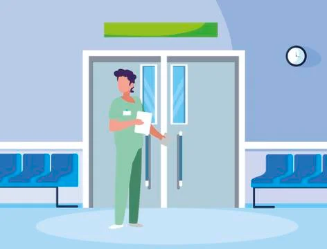Male medicine worker with uniform in elevator door Stock Illustration
