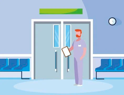 Male medicine worker with uniform in elevator door 스톡 일러스트