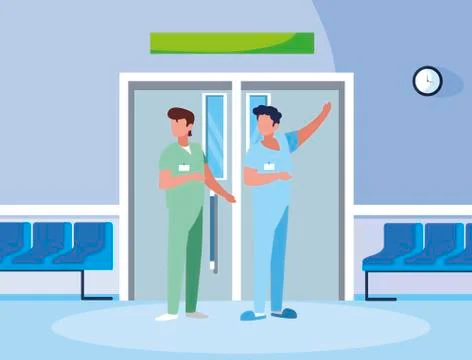 Male medicine workers in elevator door Stock Illustration