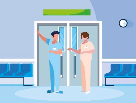 Male medicine workers in elevator door Stock Illustration