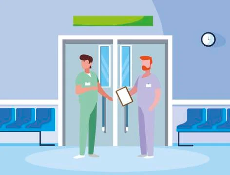 Male medicine workers in elevator door Stock Illustration