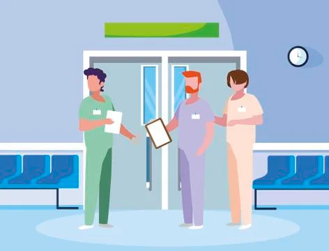 Male medicine workers in elevator door Stock Illustration