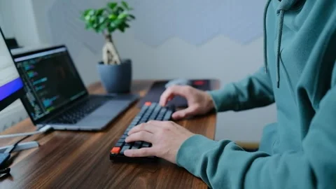 Male Mobile Application Developer Works With Graphics On His Personal Computer. Stock Footage 278813074