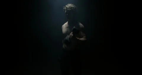 Male Model In A Dark Background Lifting Weights Away From The Camera Stock Footage 113888950