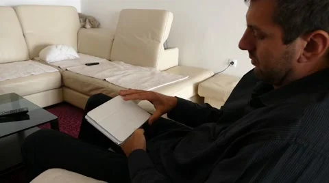 Male Model In Dark Jacket Looking At Ipad - Tablet Technology Internet Search Stock Footage 49188532