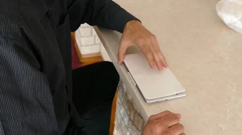 Male Model In Dark Jacket Looking At Ipad - Tablet Technology Internet Search Stock Footage 49243507