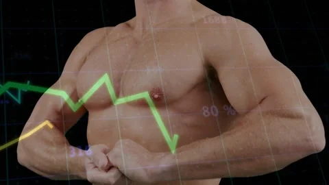 Male model holding flex pose as data feed starting animating stock charts over Stock Footage 330463401