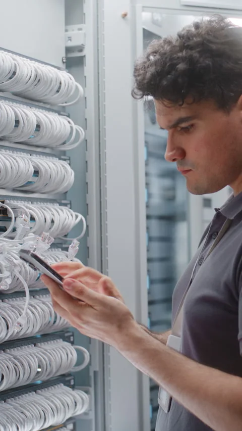 Male Network Engineer Auditing Server Rack Connections with Female Colleague Stock Footage 344965984