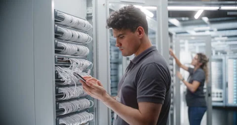 Male Network Engineer Auditing Server Rack Connections with Female Colleague Stock Footage 344969948