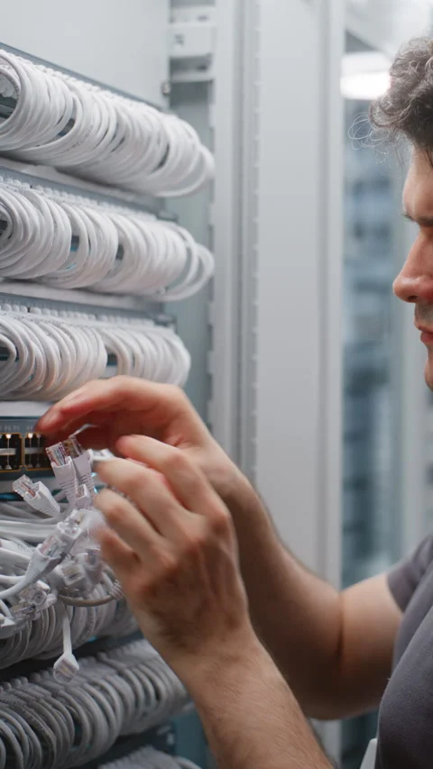 Male Network Engineer Patching Server Connections While Female Colleague Stock Footage 344959314