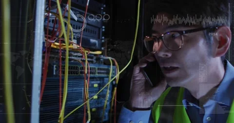 Male network technician receiving alert call while inspecting rack, animated HUD 스톡 동영상 333830254