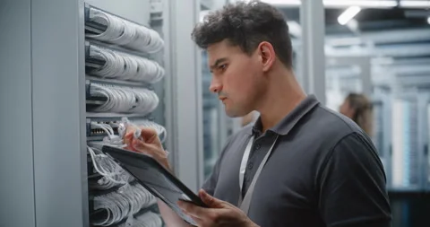 Male Network Technician Verifying Patch Panel Connections with Tablet Reference Stock Footage 344957403