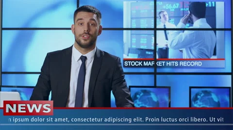 Male News Presenter Speaking About Stock Market News Stock Footage
