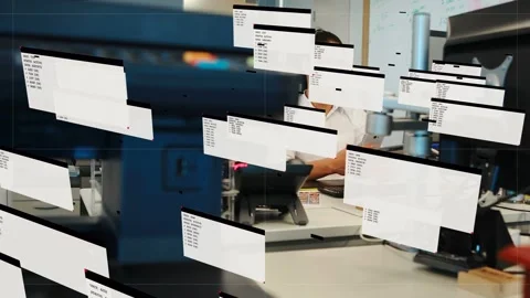 Male office admin tapping tablet causing UI panels floating stacking in text Stock Footage 333221101