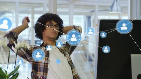 Male office worker reacting to data icon, interacting with expanding technology Stock Footage 329506097