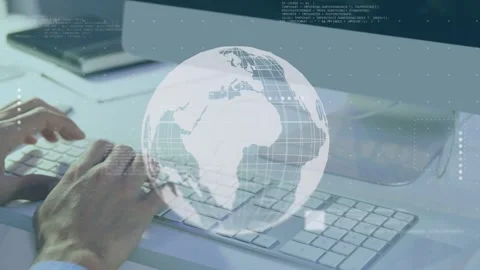 Male office worker shifting right hand mouse to keys, typing while globe HUD Stock Footage 335282937