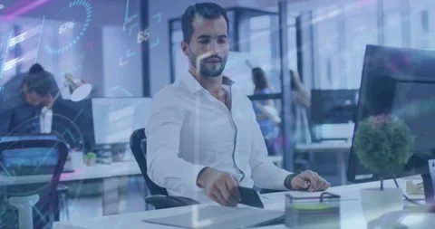Male office worker tapping desk, picking up phone, scrolling while reviewing Stock Footage 334112241